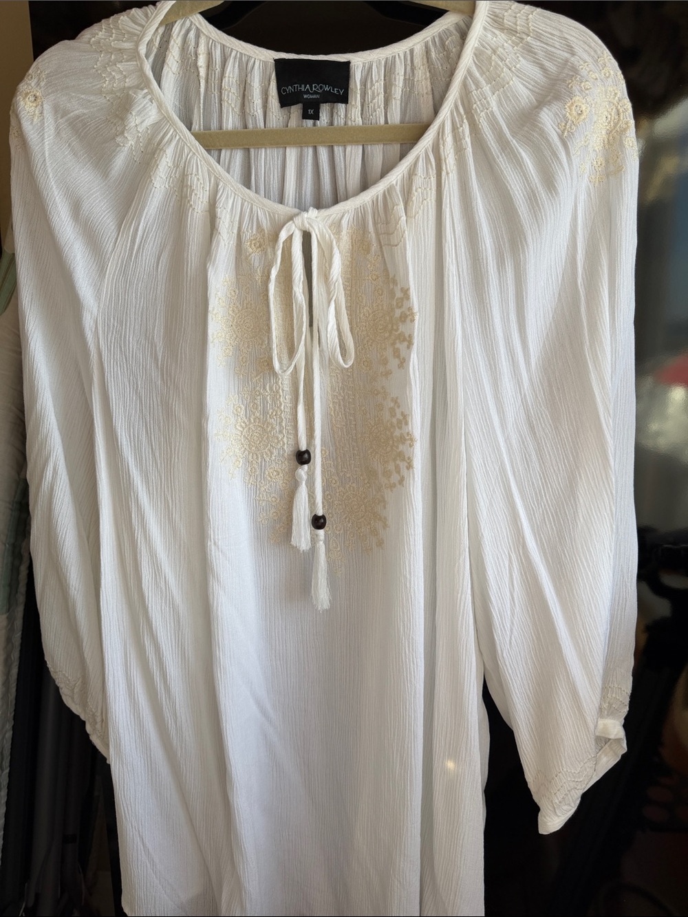 Cynthia Rowley White Peasant Blouse with Cream Embroidery and Tassel Ties